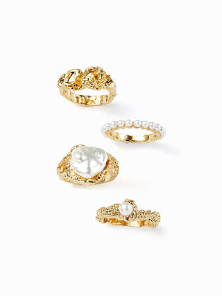 4PCS FAUX PEARL & TEXTURED RING SET