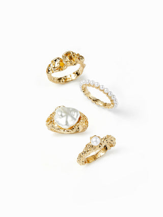 4PCS FAUX PEARL & TEXTURED RING SET