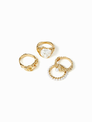 4PCS FAUX PEARL & TEXTURED RING SET