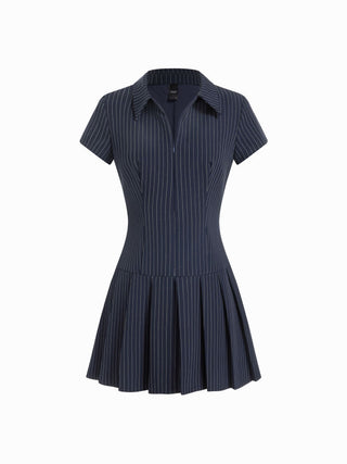Striped Pleated Zip Up A-line Mini Dress