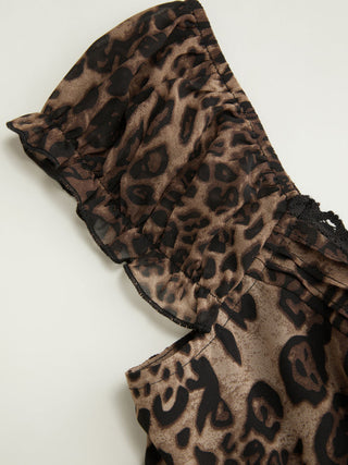Leopard V-neck Sheer Lace Trim Ruffle Hem Blouse