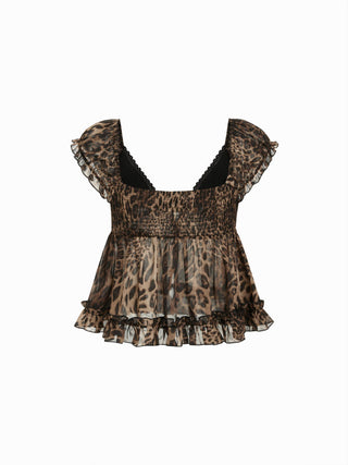 Leopard V-neck Sheer Lace Trim Ruffle Hem Blouse