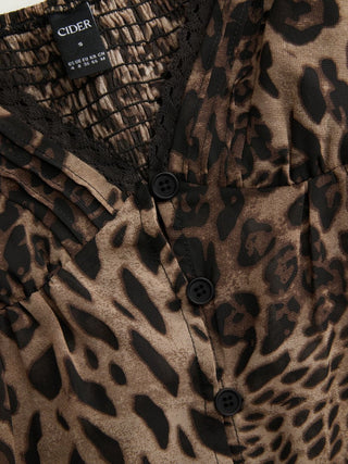 Leopard V-neck Sheer Lace Trim Ruffle Hem Blouse