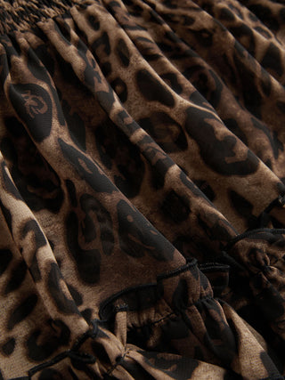 Leopard V-neck Sheer Lace Trim Ruffle Hem Blouse