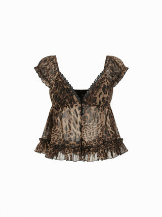 Leopard V-neck Sheer Lace Trim Ruffle Hem Blouse