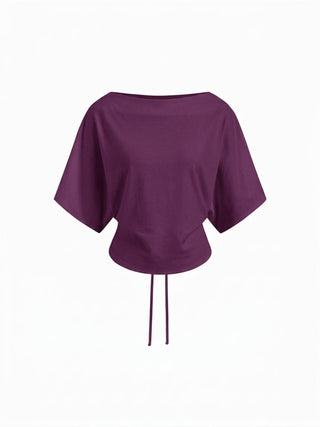 Cotton-blend Boat Neck Batwing Sleeve Drawstring Tee