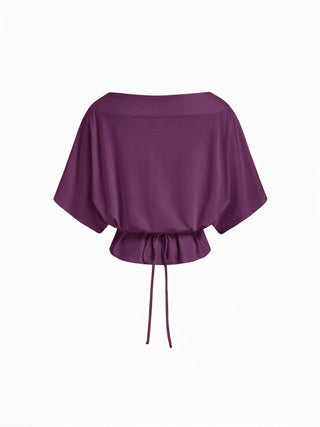 Cotton-blend Boat Neck Batwing Sleeve Drawstring Tee