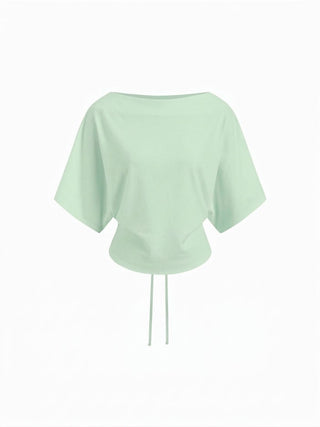 Cotton-blend Boat Neck Batwing Sleeve Drawstring Tee