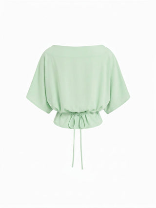 Cotton-blend Boat Neck Batwing Sleeve Drawstring Tee