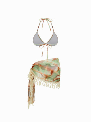 V-neck Animal Graphic Low Rise Triangle Bikini Set With Tassel Trim Sarong