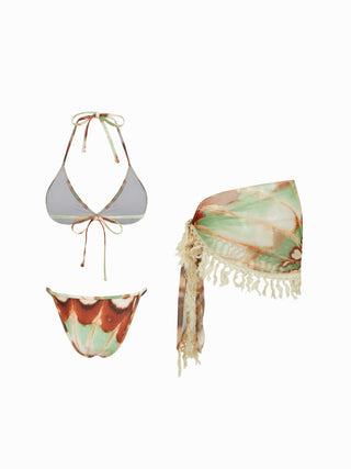 V-neck Animal Graphic Low Rise Triangle Bikini Set With Tassel Trim Sarong