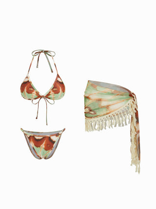 V-neck Animal Graphic Low Rise Triangle Bikini Set With Tassel Trim Sarong