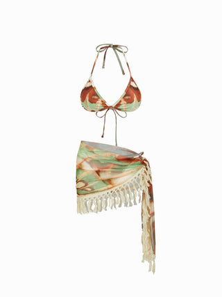V-neck Animal Graphic Low Rise Triangle Bikini Set With Tassel Trim Sarong