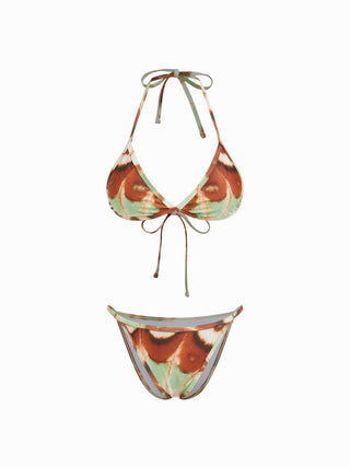 V-neck Animal Graphic Low Rise Triangle Bikini Set With Tassel Trim Sarong