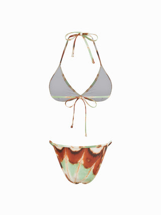 V-neck Animal Graphic Low Rise Triangle Bikini Set With Tassel Trim Sarong