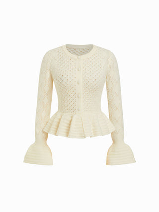 Knit Pointelle Bell Sleeve Peplum Ruffle Hem Cardigan