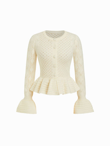 Knit Pointelle Bell Sleeve Peplum Ruffle Hem Cardigan