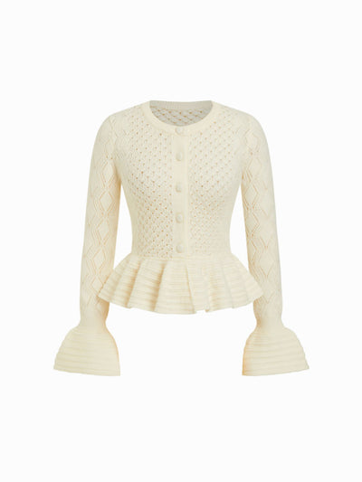 Knit Pointelle Bell Sleeve Peplum Ruffle Hem Cardigan