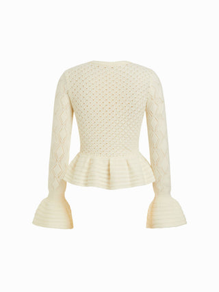 Knit Pointelle Bell Sleeve Peplum Ruffle Hem Cardigan