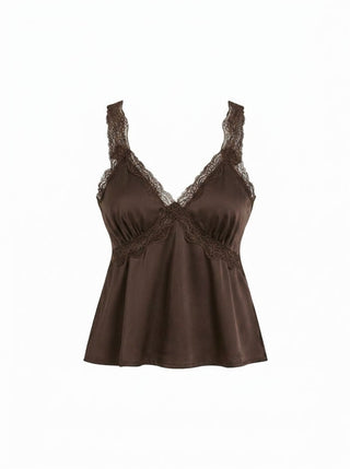 Satin V-neck Lace Trim Tank Blouse