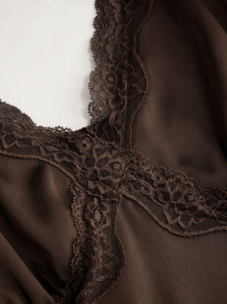 Satin V-neck Lace Trim Tank Blouse