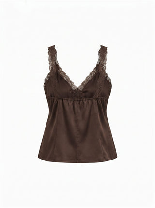Satin V-neck Lace Trim Tank Blouse
