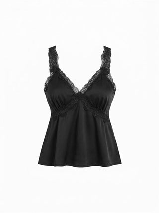 Satin V-neck Lace Trim Tank Blouse