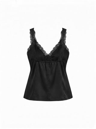 Satin V-neck Lace Trim Tank Blouse