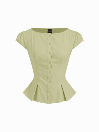 Cotton-blend Textured Boat Neck Puff Sleeve Button Through Peplum Blouse