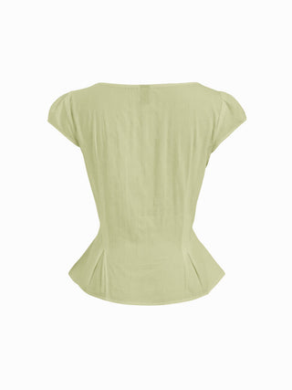 Cotton-blend Textured Boat Neck Puff Sleeve Button Through Peplum Blouse