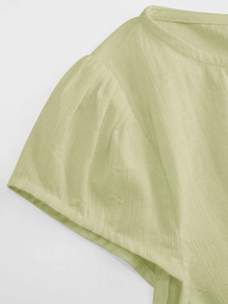 Cotton-blend Textured Boat Neck Puff Sleeve Button Through Peplum Blouse