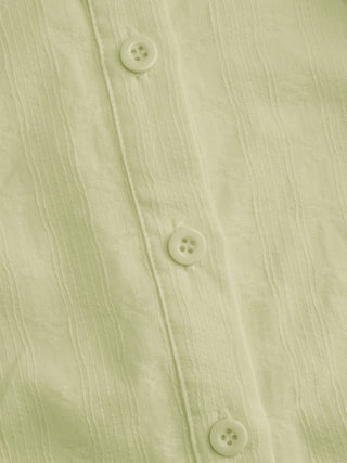 Cotton-blend Textured Boat Neck Puff Sleeve Button Through Peplum Blouse