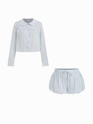 Cotton Long Sleeve Peter Pan Collar Top & Mid Rise Bubble Shorts Loungewear Set