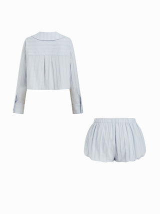 Cotton Long Sleeve Peter Pan Collar Top & Mid Rise Bubble Shorts Loungewear Set