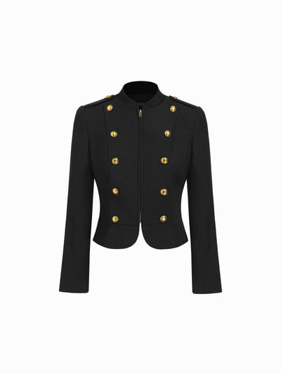 Stand Collar Metal Detail Zip Through Military Style Jacket