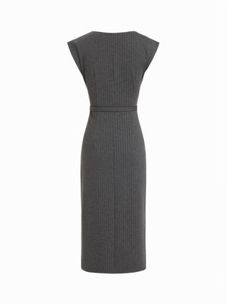 Striped Cowl Neck Belted Ruched Straight Midi Dress