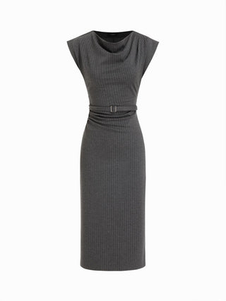 Striped Cowl Neck Belted Ruched Straight Midi Dress