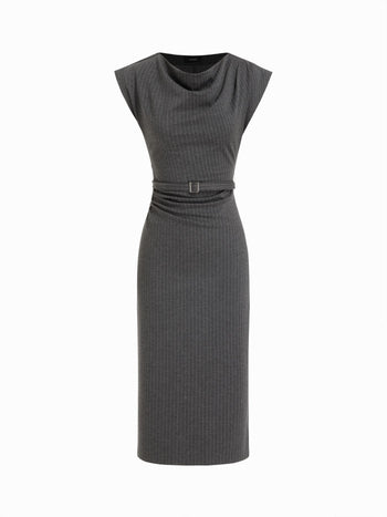 Striped Cowl Neck Belted Ruched Straight Midi Dress