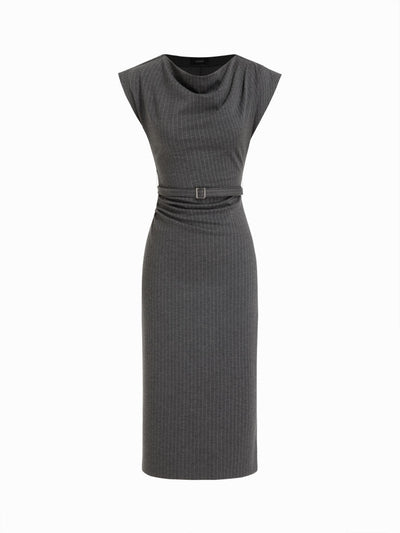 Striped Cowl Neck Belted Ruched Straight Midi Dress