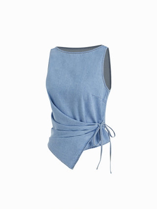 Washed Denim Boat Neck Wrap Tie Waist Asymmetrical Hem Vest
