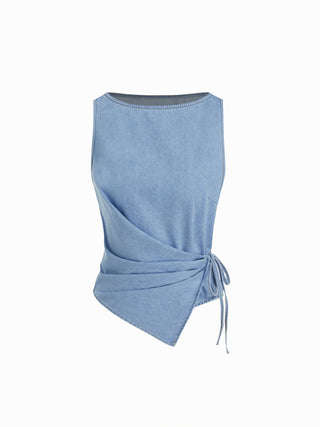 Washed Denim Boat Neck Wrap Tie Waist Asymmetrical Hem Vest