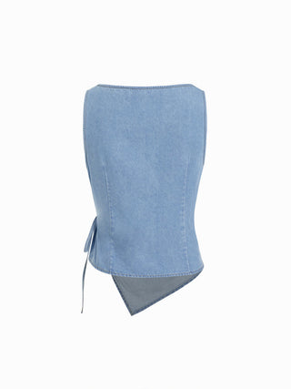 Washed Denim Boat Neck Wrap Tie Waist Asymmetrical Hem Vest