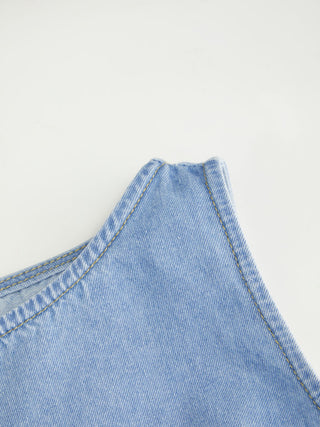 Washed Denim Boat Neck Wrap Tie Waist Asymmetrical Hem Vest