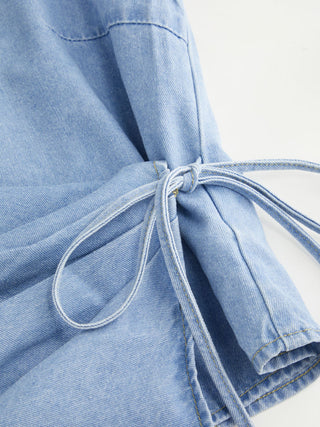Washed Denim Boat Neck Wrap Tie Waist Asymmetrical Hem Vest