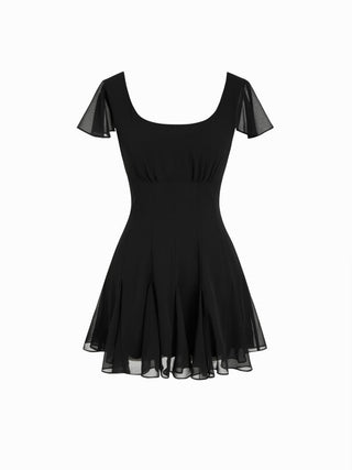 Chiffon Scoop Neck Ruffle Sleeve Pleated A-line Mini Dress
