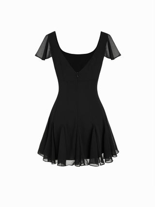 Chiffon Scoop Neck Ruffle Sleeve Pleated A-line Mini Dress
