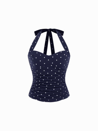 Cotton Polka Dot Halter Neck Ruched Tie Back Top