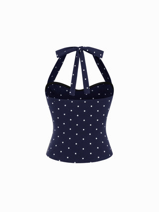 Cotton Polka Dot Halter Neck Ruched Tie Back Top