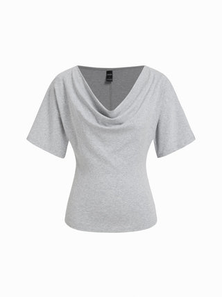 Cotton-blend Cowl Neck Short Sleeve Tee