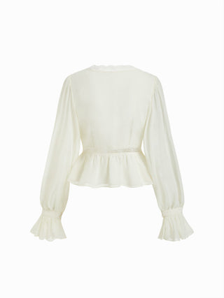 Chiffon V-neck Bell Sleeve Lace Trim Ruffle Hem Blouse